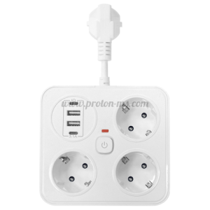 Удължител, 3 гнезда, 250V, 10A, Кабел, 1.8м., 2 x USB-F, 2 x USB-C, С 