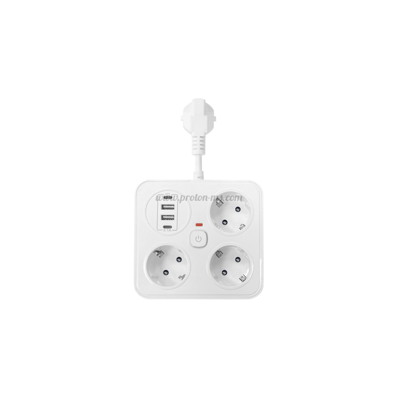 Удължител, 3 гнезда, 250V, 10A, Кабел, 1.8м., 2 x USB-F, 2 x USB-C, С 