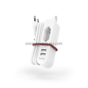 РАЗКЛОНИТЕЛ HAMA 220V, 2 X USB, 2.4 A, EURO SOCKET, БЯЛ