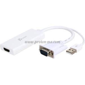 Аудио видео адаптер j5create JDA214, VGA/USB мъжко - HDMI женско, Бял