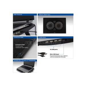 Охладител за лаптоп ACT, До 17", С два вентилатора, USB хъб, Черен