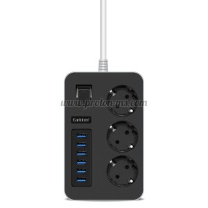 РАЗКЛОНИТЕЛ EARLDOM ES-SC07, 3 ГНЕЗДА, CEE 7/3, 6 Х USB, 2М., ЧЕРЕН