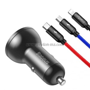 ЗАРЯДНО ЗА ТЕЛЕФОН USB 12-24V QC BASEUS 2X USB + КАБЕЛ 3 В 1