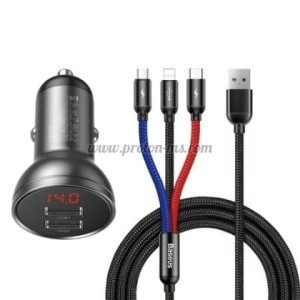 ЗАРЯДНО ЗА ТЕЛЕФОН USB 12-24V QC BASEUS 2X USB + КАБЕЛ 3 В 1